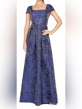 NWT SZ 14 Kay Unger Ophelia Gown Navy Blue Floral Jacquard A-Line